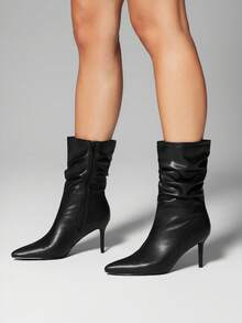 SHUZIA Botas femininas sensuais de salto agulha com bico fino e cano médio em PU, pretas - Preto - Ver 7
