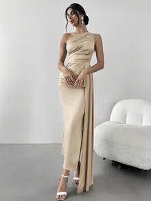 Firerie Váy xếp ly một bên vai nhún bèo cho nữ, thích hợp cho tiệc tùng, dạ hội, dạ hội, thanh lịch, tiệc tối, đêm hẹn hò, gợi cảm, tiệc cocktail, lễ tốt nghiệp - Rượu sâm banh - Xem 5