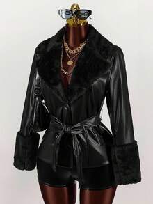 Amplova 纯色毛领拼接PU腰带PU夹克 - 黑色 - 查看 3