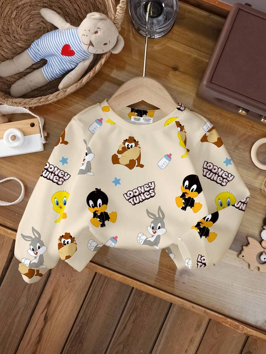 LOONEY TUNES X SHEIN 男婴圆领长袖杏色和米色舒适休闲卡通可爱英文字母印花图案卫衣 - 白色 - 查看 1