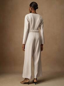Lyxana Jumpsuit Wanita Elegan Warna Polos dengan Leher Bulat dan Gesper Logam, Pakaian Musim Gugur untuk Wanita - Aprikot - View 2