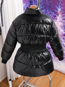 SHEIN Girls' Oversized Stand Collar Ribbed Waist Padded Coat, Suitable For Daily Commute And Gatherings, Winter - Black - View 2