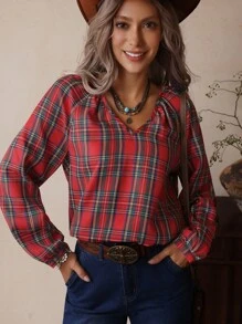 LanaWest 女士宽松休闲V领格子长袖衬衫女上衣西式衬衫适合日常生活秋季 - 彩色 - 查看 7