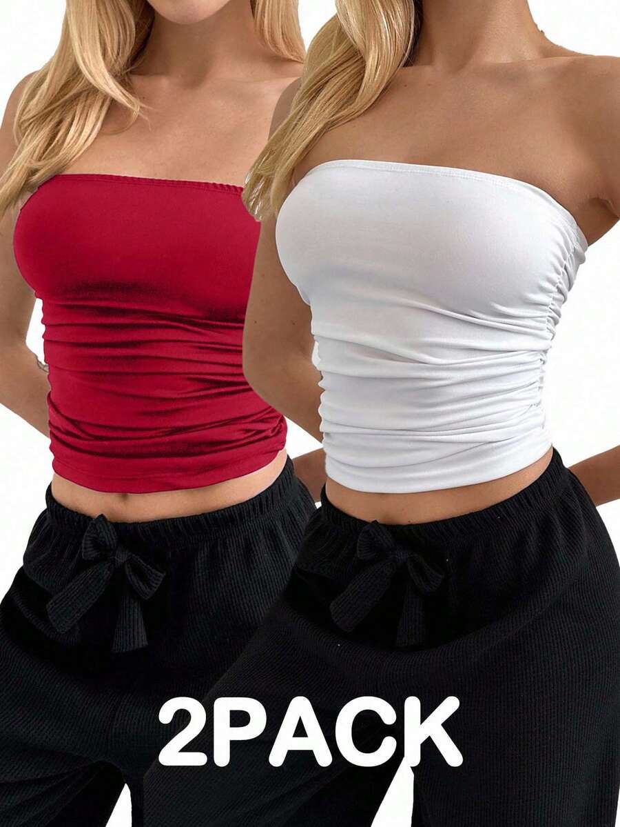 EURMUSE 2pcs Women Solid Color Ruched Bandeau Sleeveless Crop Top Set - Multicolor - View 1