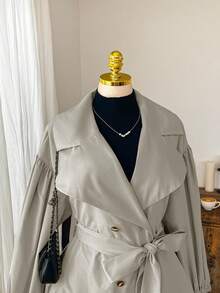 Comfortcana Plus Size Solid Color Turndown Collar Button Tie Belt Casual Minimalist Trench Coat,Fall Clothes For Women Winter Autumn