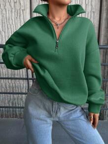 SHEIN Cottnline Solid Color Women's Drop Shoulder Zip Up Sweatshirt - Green - View 3