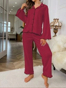 SHEIN Women's Elegant Dark Red Pajama Set,Long Sleeve Frill Trim Lapel Neck Single-Breasted Top And Pants 2 Piece Lounge Set For Autumn,Fall Winter Clothes - Burgundy - View 4