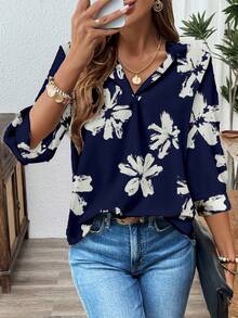 SHEIN LUNE Áo sơ mi họa tiết hoa thường ngày dành cho nữ, phù hợp mặc công sở vào mùa thu/đông - Màu xanh hải quân - Xem 3