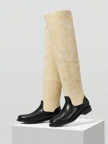 Mnmlis 圆头粗跟时尚英伦风靴子，女士侧拉链连衣裙靴，平底踝靴 - 杏色 - 查看 5