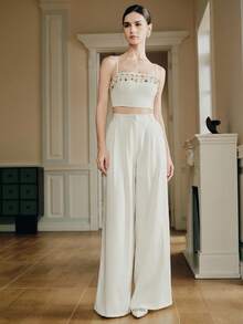 Anewsta 女士新款优雅珍珠串珠吊带背心上衣和白色裤子两件套 - 白色 - 查看 4