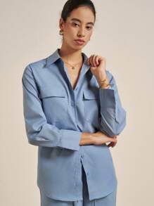 Airaco Bộ đồ 2 món đơn sắc tay dài, túi hộp một hàng khuy dành cho nữ - Màu xanh lam - Xem 5