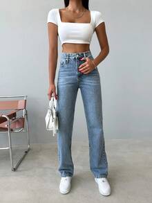 SHEIN Tall Tall High Waist Snow Wash Straight Jean Work Clothes Women Jeans For Women Women Jeans High Waisted Women Clothing Jeans Jeans Women High Waist - Medium Wash - View 4