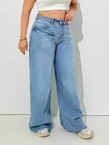 RueChic Plus, Wash Detailed Frayed Hem Wideleg Jean - Medium Wash - View 6