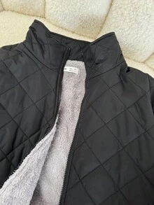 SHEIN Teen Girls Black Casual Thermal Lined Padded Coat,Winter Quilted Collar Zip Up Jacket,Cropped Quilted Jacket For Fall Back-To-School Solid Color - Black - View 6