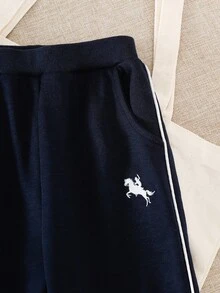 SHEIN Playful Pals Boys Casual Embroidered Contrast Stripe Zip-Up Top And Sweatpants Set, Autumn/Winter Fall