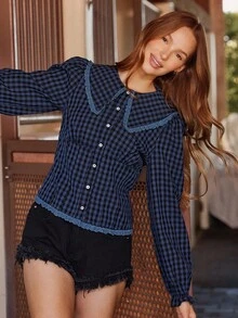 WESTFADE Gingham Ruffle Collar Button Front Fitted Long Sleeve Shirt Cute Fall Tops For Women Country Concert - Royal Blue - View 3