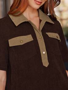 WESTFADE 前开襟短袖垂腰褶皱宽松灯芯绒迷你连衣裙女式可爱秋季连衣裙乡村音乐会服装 - 咖啡 - 查看 2