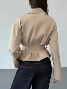 Aloruh Trench coat corto da donna con vita stretta, color cachi, versatile per l'autunno/inverno - Cachi - Visualizzare 4