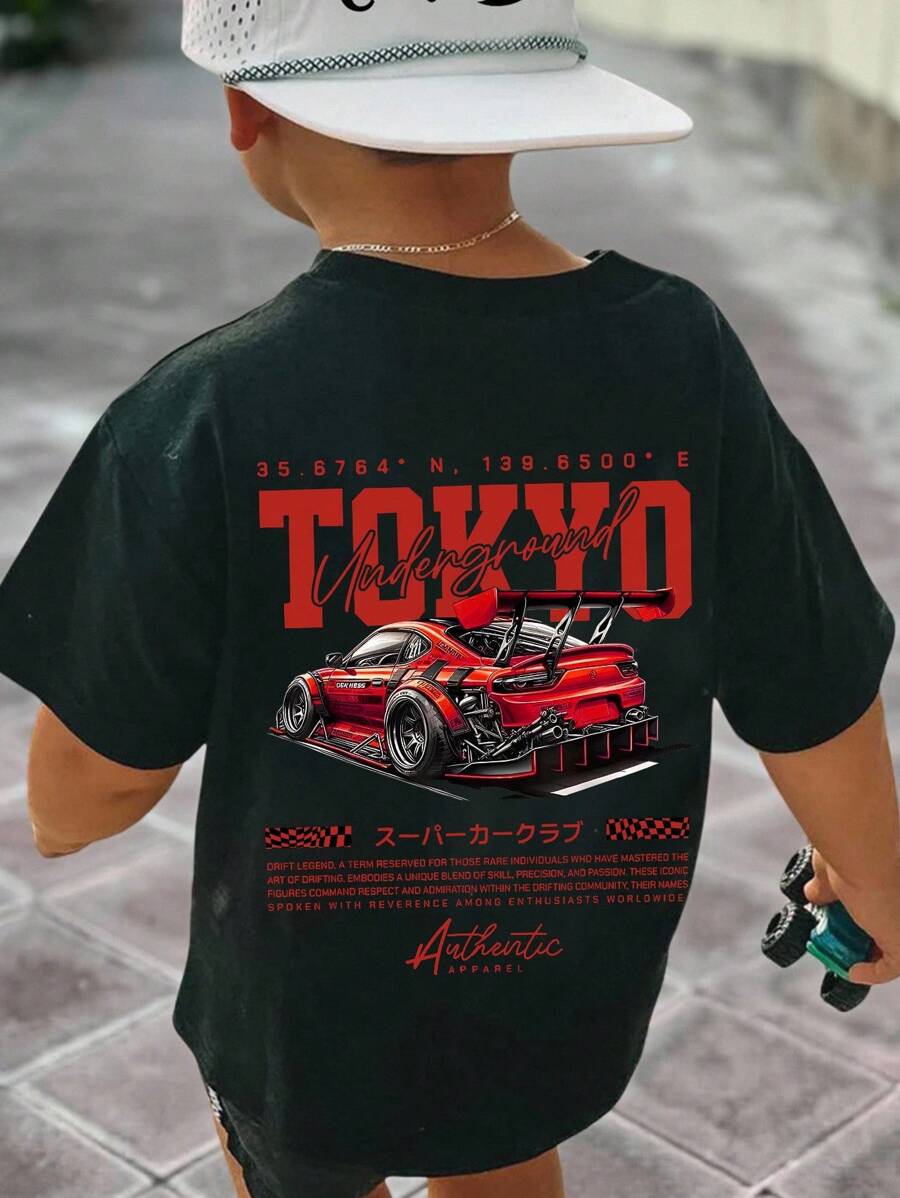 SHEIN 年轻男孩休闲简约宽松舒适英文字母汽车复古卡通街头风运动风短袖圆领T恤适合夏季 - 黑色 - 查看 1