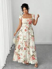 Elenzga 大码女式复古法式花卉印花荷叶边袖方领束腰长裙，适合度假和约会穿着 - 彩色 - 查看 4