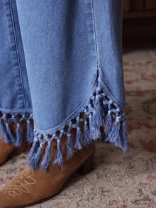 SHEIN LUNE Women's Casual Fringe Hem Wide Leg Cowboy Jeans - Blue - View 6