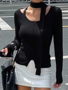 DAZY Women's Ribbon Trim Long Sleeve Crew Neck Fitted Sweater Fall - Black - View 6