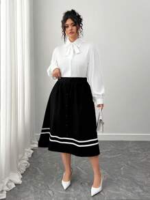 Elenzga Plus Size Women Casual Minimalist Color Block Trim Skirt - Black - View 3