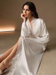 Anewsta Sexy Contrast Lace Long Robe, Women's Sleepwear, Valentine's Day Luxe Loungewear, Vacation, Winter - White - View 7