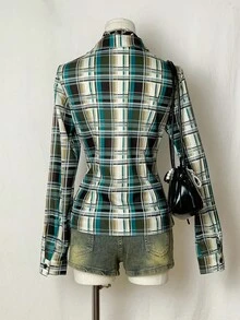 EgrlEra 时尚通勤长袖格子拼布衬衫 - 彩色 - 查看 2