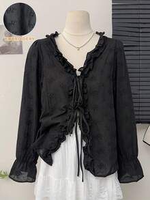 SHEIN Women's Hollow Out Embroidery V-Neck Tie Bow Blouse Fall Cloth For Women
