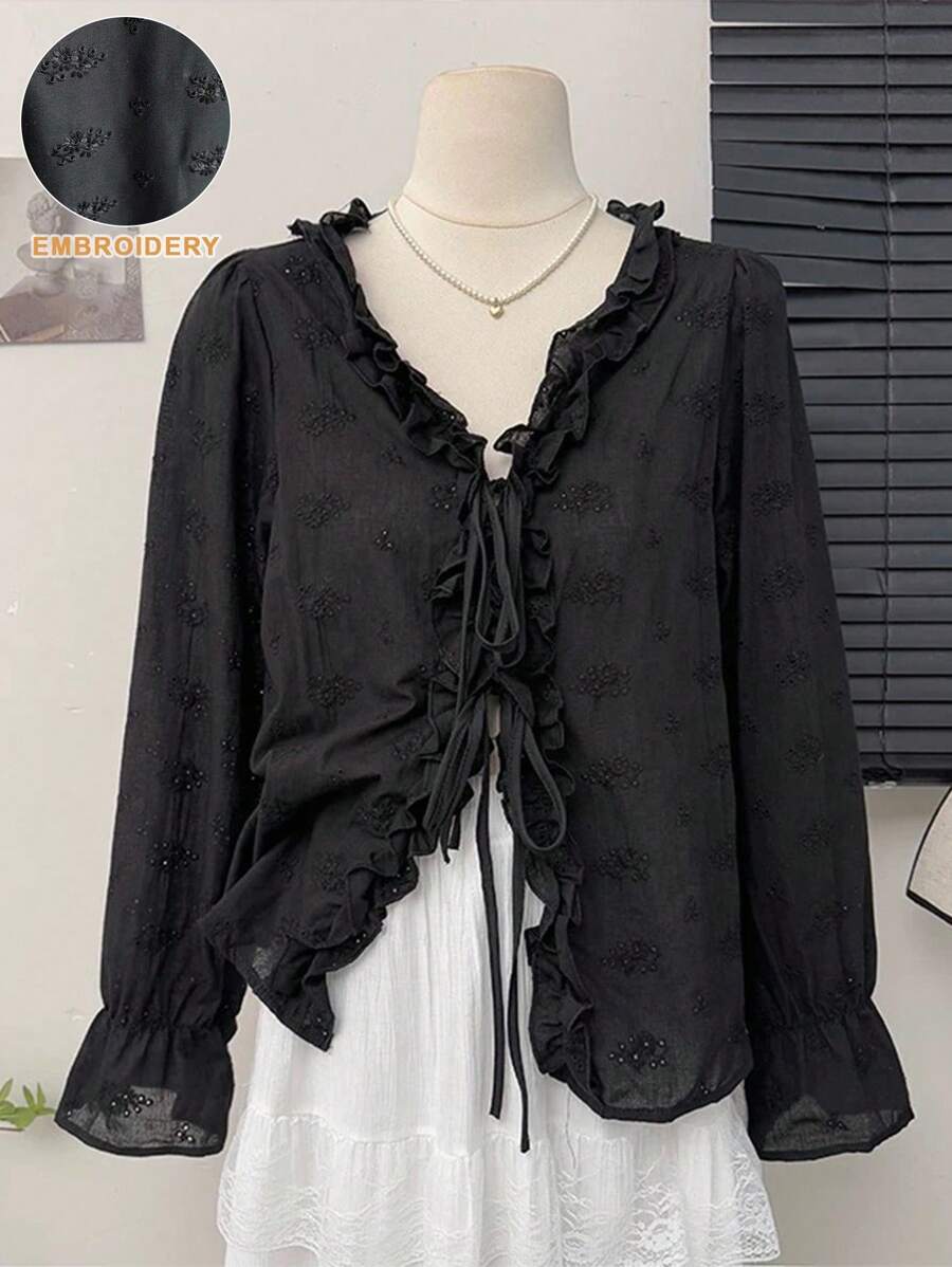 SHEIN Women's Hollow Out Embroidery V-Neck Tie Bow Blouse Fall Cloth For Women