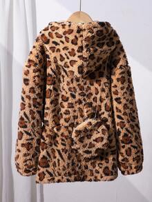 Chaqueta con capucha de piel sintética con estampado de leopardo y mini bolsillo para niña preadolescente, otoño/invierno - Caqui - Ver 2