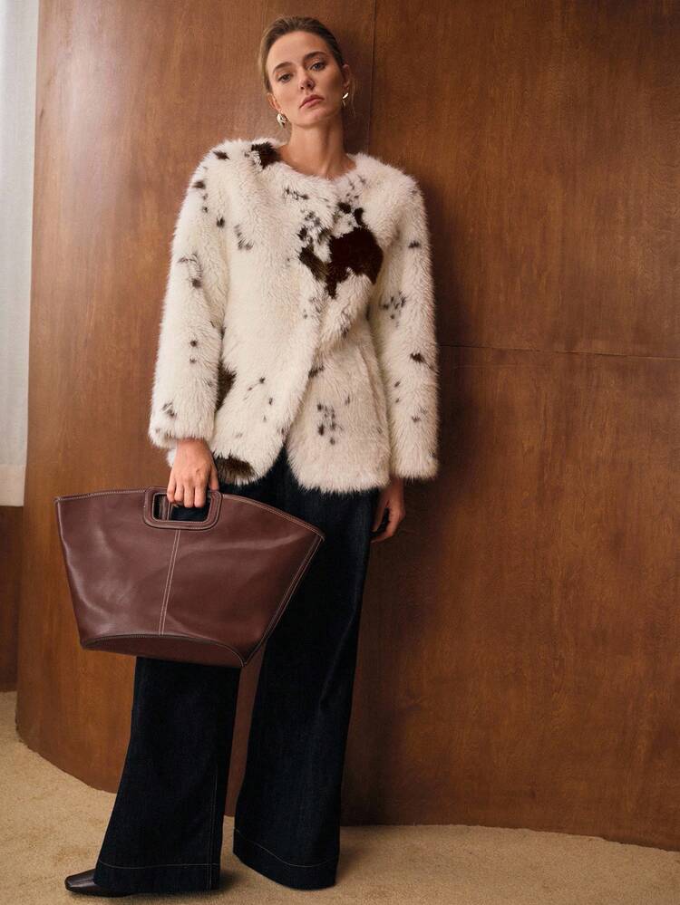 COLORBLOCK BUTTON UP FAUX FUR COAT