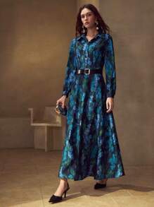 MOTF PREMIUM ALLOVER FLORAL PRINT LANTERN SLEEVE BELTED SHIRT DRESS - Multicolor - View 3