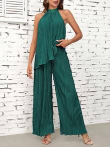 Ellevyn 女士纯色褶皱不对称下摆露背上衣和宽腿裤宽松两件套 - 水鴨藍 - 查看 4