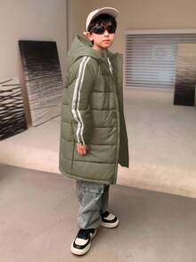 SHEIN 儿童/青少年男童休闲运动拼布派克大衣，厚连帽中长款梭织棉服，适合通勤、上学、日常休闲、旅行、运动、春夏秋冬 - 軍綠色 - 查看 6