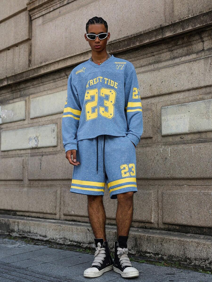 PAVTROS 男士仿雪花效果面料蓝色配黄色条纹和数字“23”和“77”团队元素上衣拼接设计V领长袖运动衫配松紧腰短裤运动衫套装宽松舒适数码印花T恤短裤套装，适合送给男朋友和朋友作为礼物男士两件套蓝色男士街头潮流套装男士两件套运动服针织两件套男士 - 淺色水洗藍 - 查看 1