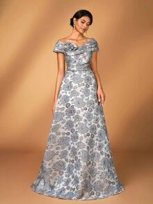 Serin Váy chữ A bằng vải satin jacquard họa tiết hoa 3D trễ vai sang trọng, thanh lịch, thích hợp cho đám cưới, tiệc tùng, kỳ nghỉ, vũ hội, váy dạ hội cho mẹ cô dâu - Xám - Xem 5
