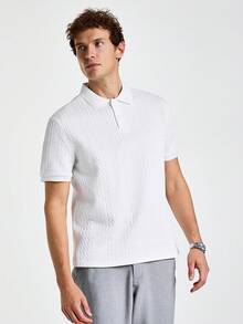 Marvello Homme Men's White Geometric Striped Textured Casual Polo Shirt Polos For Men Men Clothes Men Polo Shirts Polo Shirts For Men Collar Polo T Shirt Men - White - View 1