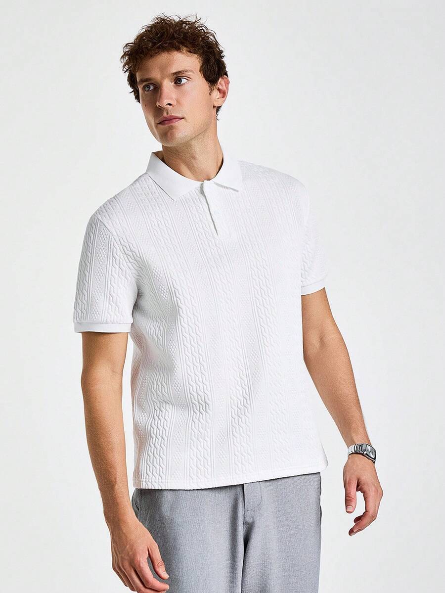 Marvello Homme Men's White Geometric Striped Textured Casual Polo Shirt Polos For Men Men Clothes Men Polo Shirts Polo Shirts For Men Collar Polo T Shirt Men - White - View 1