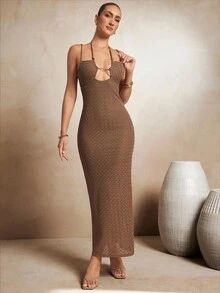 L'Amorae Beaded Strap Crochet Front Cut Out Dress - Brown - View 5
