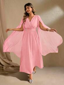 Roveilla فستان طويل من الشيفون مع أكمام متدلية وفتحة عميقة على الجانب للسيدات ذوات القياس الكبير