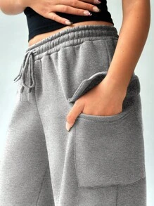 FavEase 女式抽绳腰部口袋阔腿慢跑裤，灰色，休闲街头风格，秋季 - 灰色 - 查看 4