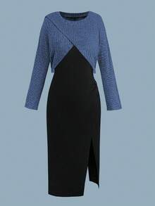 Sweetra 大码罗纹不对称设计上衣 + 细肩带褶皱开叉撞色连衣裙两件套，秋冬 - 彩色 - 查看 3