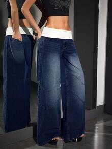 Jeanoix Women's Loose Casual Versatile Ultra Low Waist Wide Leg Jeans - Dark Wash - View 3