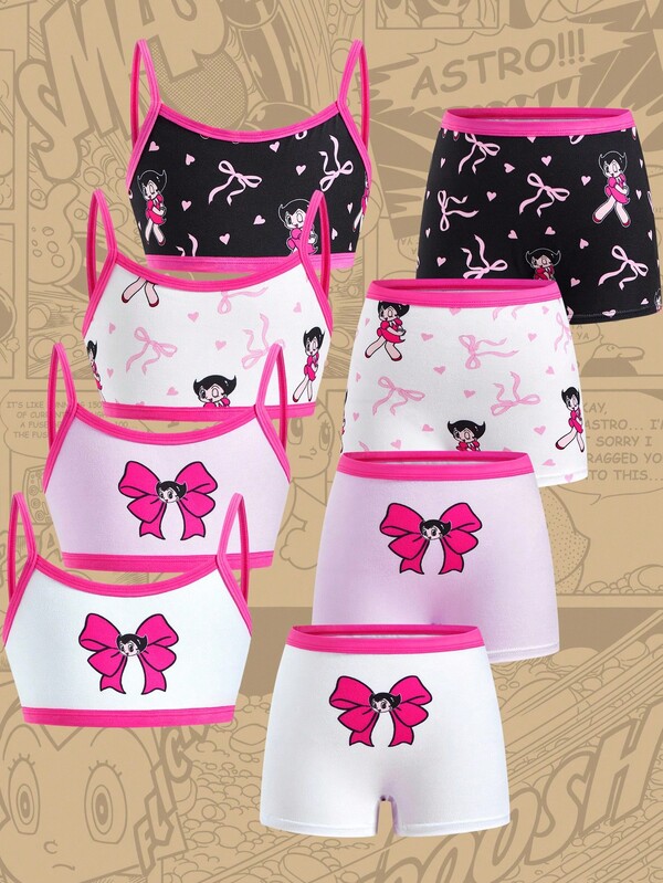 Astro Boy X SHEIN Jeune fille 8 pièces ensemble de brassière et culotte courte avec motif de personnage de dessin animé