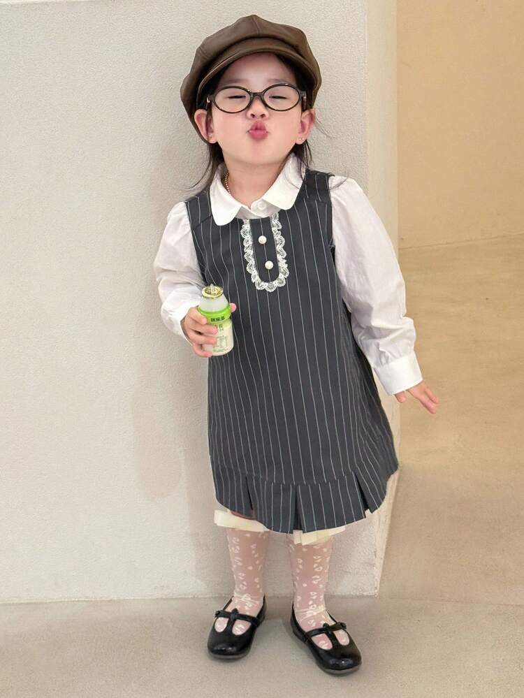 Baby Girl Solid Color Long Sleeve Shirt And Striped Vest Dress Cute 2-Piece Set Fall,Winter Toddler Girls Clothes