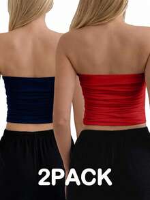 EURMUSE 2pcs Women's Solid Color Ruched Cropped Fitted Fashionable Bandeau Tops - Multicolor - View 2