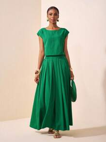 Zivah 2025新款夏季休闲度假优雅日常约会沙滩装生日派对圆领插肩袖短袖剪裁T恤+百褶裙长裙绿色波浪条纹梭织女士两件套绿色两件套绿色短款上衣和裙子套装