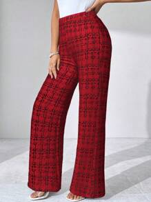 SHEIN Clasi 夏季优雅女士格纹印花弹力针织裤，适合各种场合，适合夏季度假、优雅旅行、日常通勤 - 紅色 - 查看 5